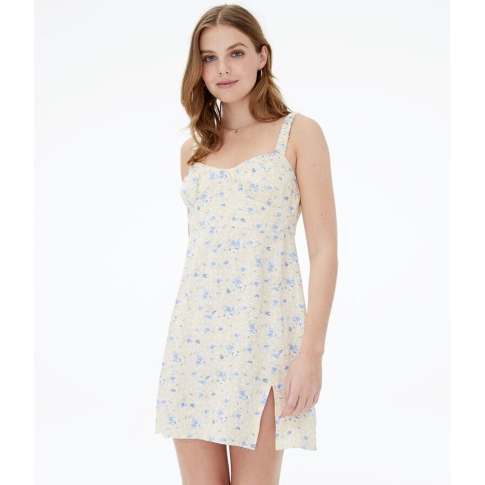 Aeropostale Floral Sweetheart Slim Dress Juniors Size L Yellow Blue Linen Blend